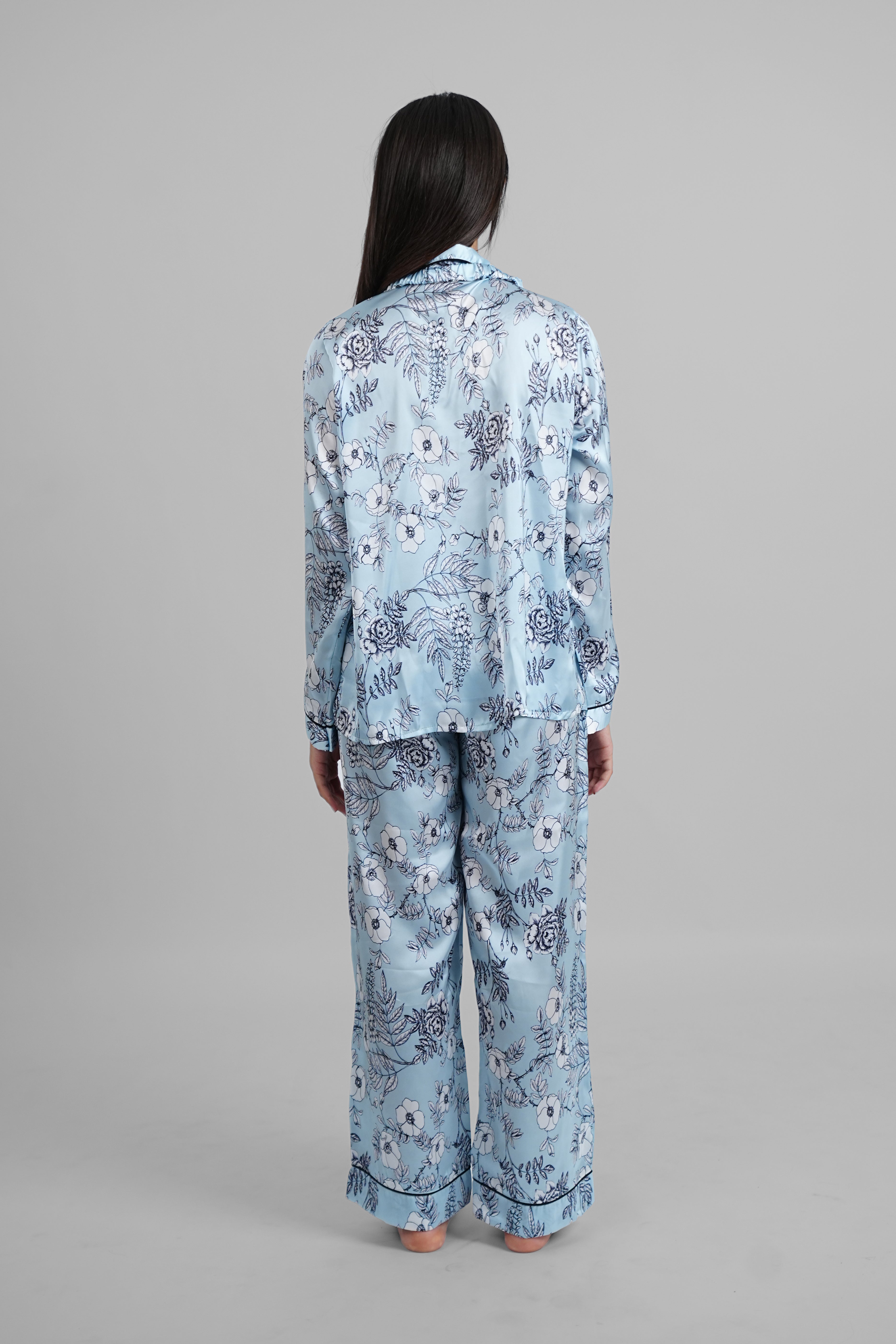 Blue Blossom Satin PJs with Sleeping Mask