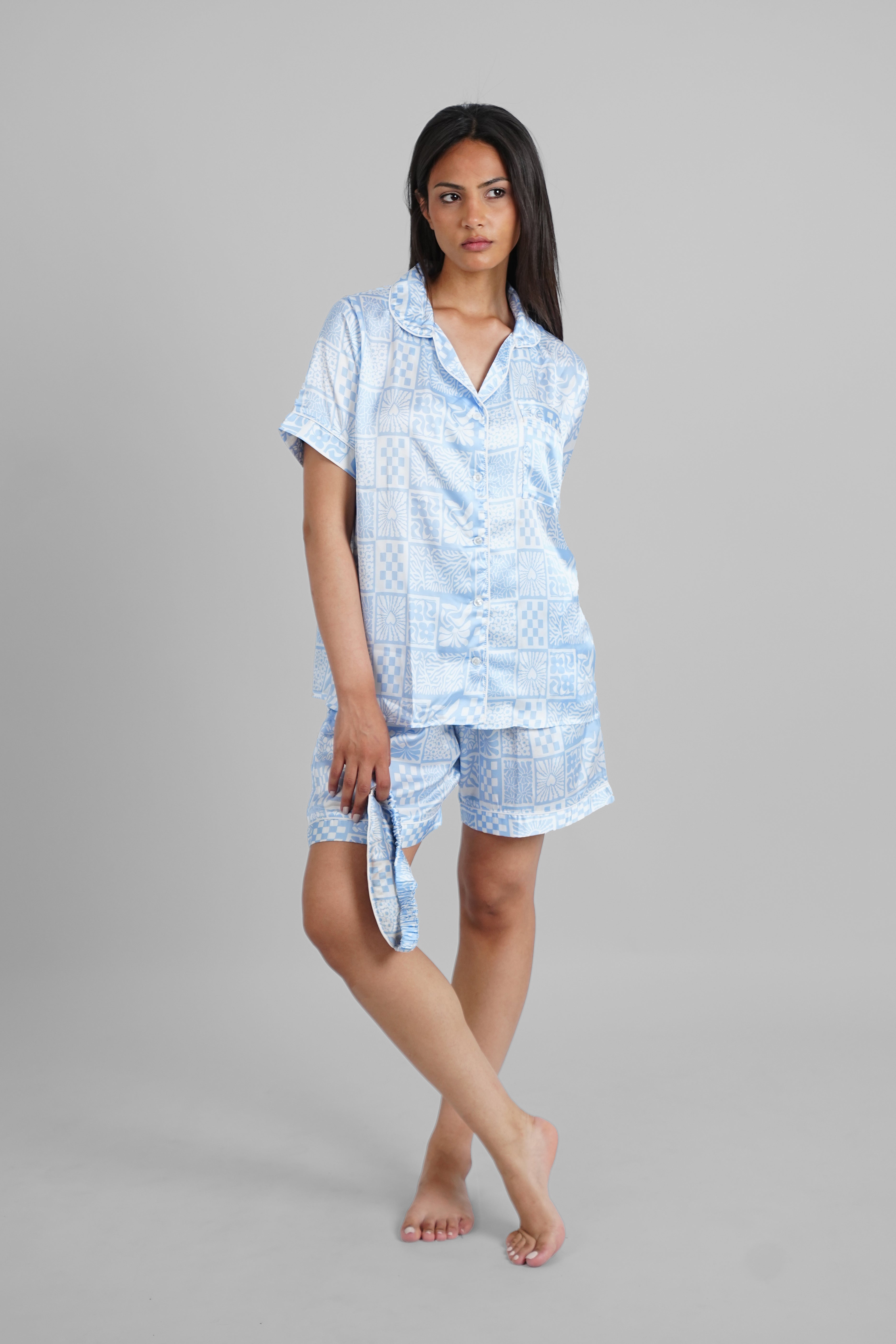 Blue Tiles Satin PJs with Sleeping Mask