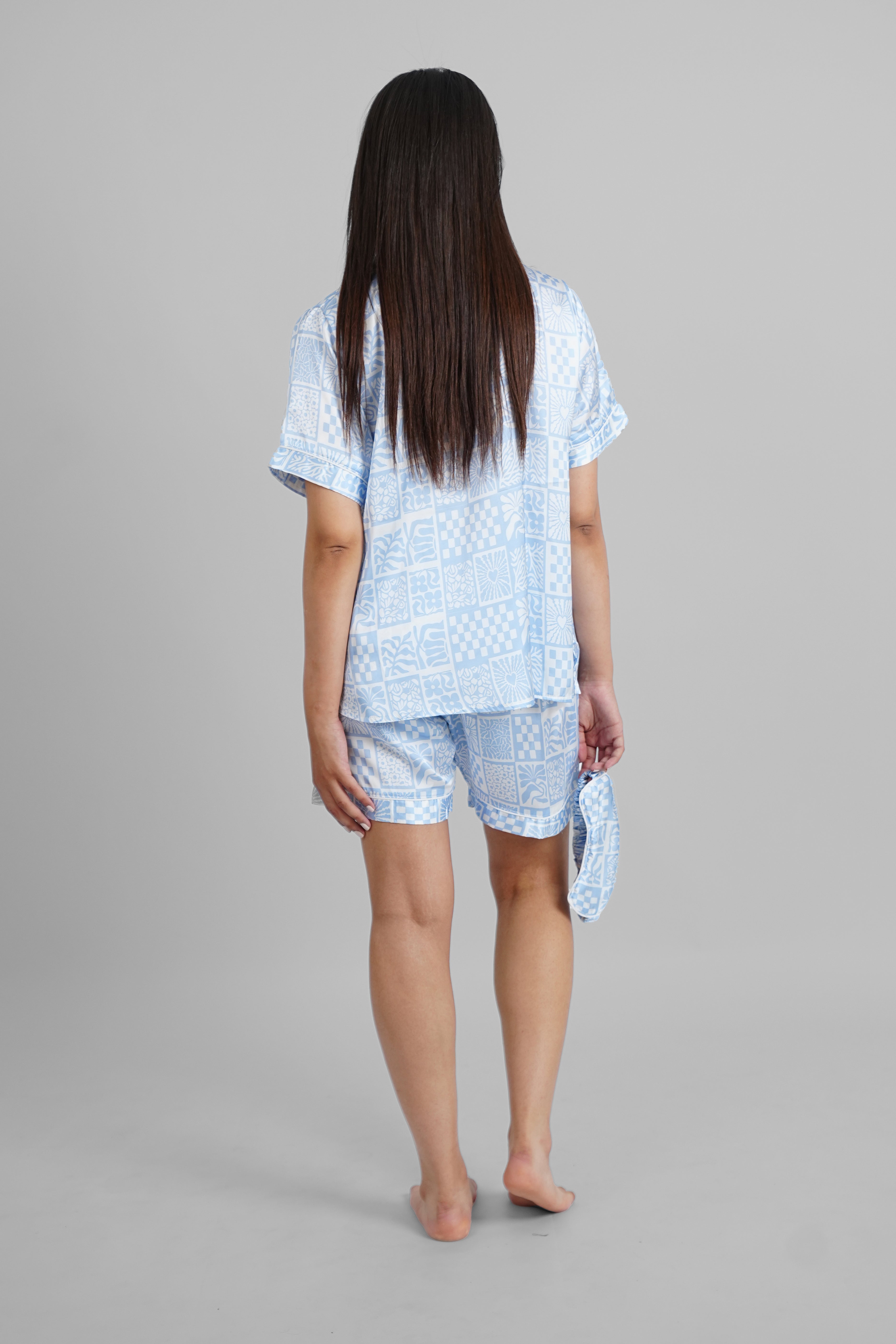 Blue Tiles Satin PJs with Sleeping Mask