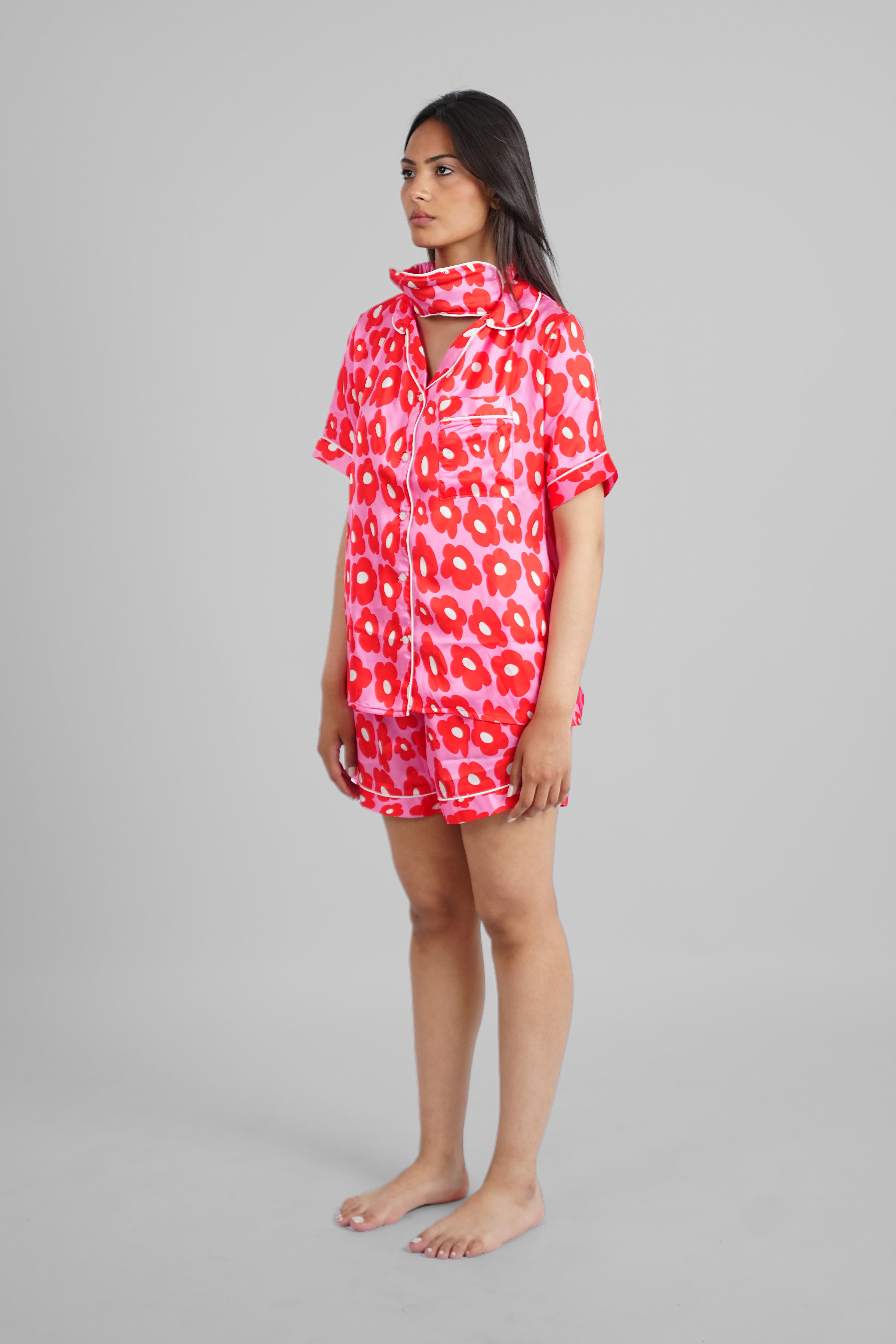 Red Bloom Satin PJs with Sleeping Mask